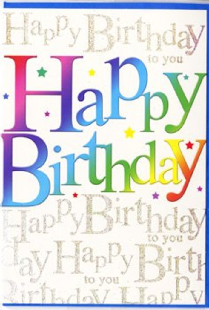 In this image, a beautifully designed birthday card takes centre stage, radiating the sort of cheerful warmth you might associate with a bright morning walk through Hanwell's leafy streets. The words Happy Birthday sweep across the front in large, welcoming letters, each one filled with a velvety gradient of colour. The hues flow from rich ruby and magenta into sunlit orange, mellow gold, grassy green, and cool ocean blues, before drifting into a gentle violet, echoing the joyful mix of tones you'd find in a birthday bouquet freshly arranged in a local Hanwell florist studio. The letters themselves are rounded and slightly bold, with soft edges that lend a friendly, modern feel, as though they are gently bouncing with excitement. Behind this main message, the background is densely layered with a repeating phrase, Happy Birthday to you, written in refined, looping script. The script appears in a soft gold that catches the light with a delicate glimmer, evoking the subtle twinkle of fairy lights at an evening party in a Hanwell garden. The gold script forms a rhythmic pattern, almost like a visual echo of the familiar birthday song, wrapping the card in continuous well-wishes. Scattered among the lettering are tiny, colourful accents-star shapes, dots, and flecks that suggest confetti tossed mid-air-adding movement and fun without overwhelming the elegant base. The card's finish seems gently glossy, suggesting a quality feel when held, ideal to accompany fresh flowers delivered for a special birthday along Greenford Avenue or to a cosy home just off the Brent River Park. Altogether, the card conveys exuberant celebration paired with thoughtful design, perfect for someone who deserves a heartfelt, visually uplifting greeting.