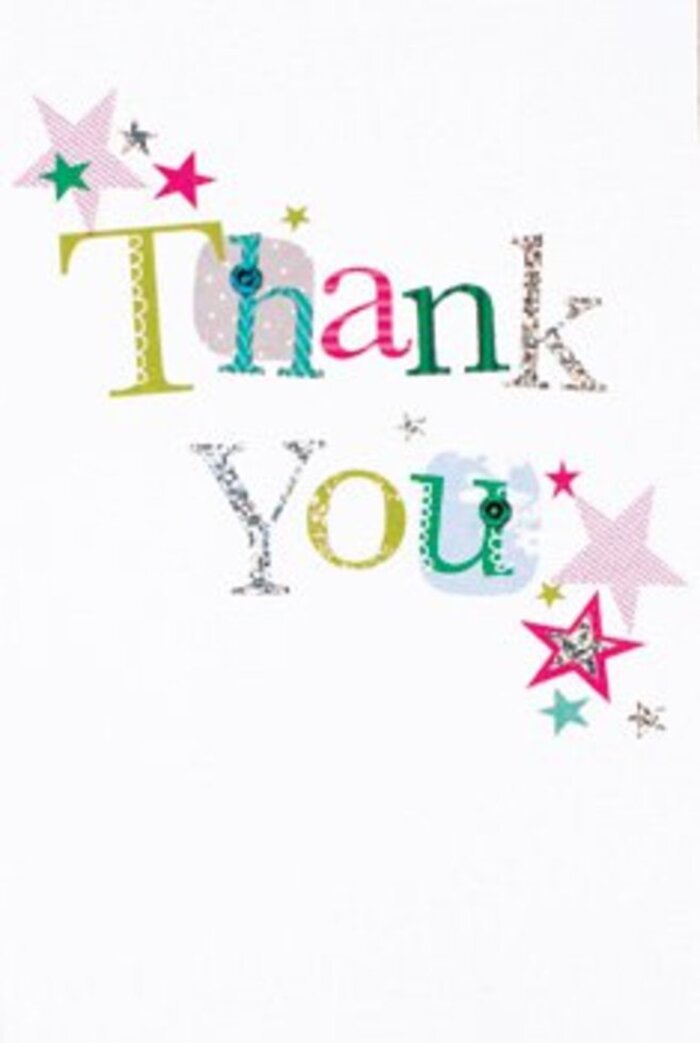 On this thank you card, the flow of vibrantly designed letters offers a quiet yet uplifting exuberance familiar to those who cherish Hanwell's blend of tradition and openness. Each letter holds its own personality: some sprightly with polka dots and rounded forms, others rendered with elegance and a hint of musical energy, reminiscent of the melodies drifting from nearby Ealing Jazz Club. Surrounding the words, stars-some striped in bold, sparkling pinks, others shaded in deep turquoise or softly silver-gather like blessings, as if wishing joy along the Grand Union Canal. The overall layout is light and modern, glimmering subtly on a clean white base, much like the crisp air on an early morning stroll through Brent Lodge Park. There's a gentle sophistication and universal warmth, striking a perfect balance between formality and casual ease. Ideal for accompanying a freshly arranged bouquet-perhaps sent after a Hanwell get-together-this card radiates gratitude that feels as natural and memorable as a neighbour's heartfelt thanks, beautifully crafted to uplift and be cherished.