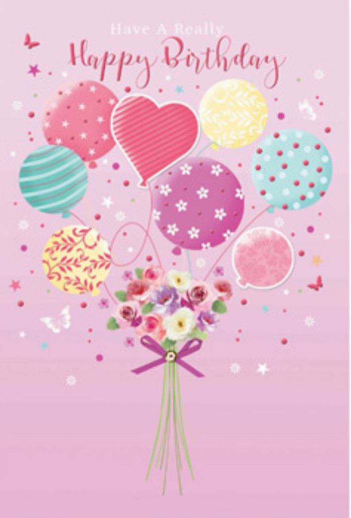 This illustrated birthday design captures the feeling of a light-hearted celebration in Hanwell, as if a bouquet had decided to float up above Church Road in a pastel daydream. The background is a gentle blush pink, soft and even, like the inside of a favourite greeting card. From the lower centre rises a cluster of balloons, gathered together with natural ease. They glow in calming shades of pale sunshine yellow, rosy fuchsia, lavender, mint, and sea green, each balloon decorated with tiny details: candy stripes that curl playfully, dancing polka dots, subtle floral prints, and swirls that trace across the surface like ribbons in a breeze. These balloons appear to lift a petite hand-tied bouquet, which forms the base of the composition. The flowers are arranged with a florist's care, featuring small roses and soft, daisy-like blossoms in creamy ivory, blush pink, and muted mauve, their petals illustrated with shaded folds that suggest real depth and velvet texture. A violet bow cinches the stems, its satin tails gently fanning out, hinting at the touch of skilled hands. Little butterflies flit among the balloons and flowers, joined by star-shaped accents that shimmer like confetti at a birthday party in Elthorne Park. The entire artwork feels like a tender birthday wish captured in one image-cheerful but not loud, polished yet whimsical-perfect for a Hanwell birthday card or gift tag. It evokes the sense of receiving a carefully arranged bouquet from a trusted local florist, full of affection and thoughtful detail.