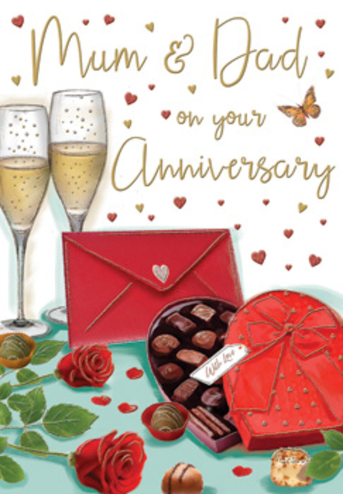 The anniversary card image presents a richly detailed still life, composed with the same care a florist might use when styling a romantic gift for parents in Hanwell. At the centre of the composition, two slender champagne flutes stand side by side, their stems long and delicate, the bowls filled with gently sparkling champagne that shimmers in shades of pale gold and amber. Behind and beneath them, the surface of the table is scattered with subtle highlights, as if catching the soft glow of evening light filtering through a window overlooking the green spaces near Church Road. In the foreground, an opulent heart-shaped chocolate box steals attention; its base is a warm, deep red, and the lid is pulled back to showcase a neatly arranged array of chocolates, some dusted lightly, others with a smooth sheen that hints at creamy, indulgent centres. A dramatic red bow wraps the box, its ribbon wide and lustrous, curling in relaxed loops that feel almost touchable. To one side, two perfect red roses are laid horizontally, framed by rich green leaves that add contrast and freshness; the petals are depicted in layered folds, full and generous, like a bouquet just delivered from Flower Delivery Hanwell to mark a milestone anniversary. A bright red envelope, carefully sealed, nestles nearby, its presence suggesting a personal, handwritten message to Mum & Dad. Floating around the main elements are small golden and crimson hearts, some solid, some softly outlined, giving the card a sense of movement and joy. The entire scene exudes warmth, indulgence, and affection, capturing that special moment when parents pause to reflect on years of shared love and family life.