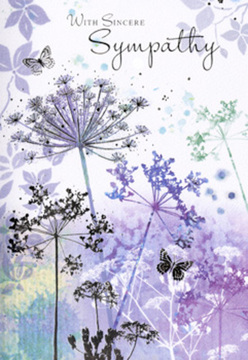 This sympathy card presents a serene botanical landscape, reminiscent of a peaceful walk along the Grand Union Canal in Hanwell when the air is cool and hushed. Tall, slender wildflower stems rise from the lower edge of the card, their umbel-shaped blooms painted in gauzy shades of violet, soft blue, and silvery green. Each blossom is formed from the lightest of brushstrokes, so that the tips appear almost transparent, giving the impression that the flowers are gently dissolving into the misty background. The watercolour washes behind them blend pale lilac, blue-grey, and a whisper of sage, like distant hedgerows softened by morning fog. Among these airy silhouettes, a few butterflies drift quietly, their wings rendered with delicate outlines and translucent colour, as though they might flutter away at the slightest sigh of wind. The whole composition has a weightless, floating quality, yet it carries the emotional depth of a heartfelt condolence. There is no harsh contrast, only soft transitions, inviting the eye to rest and the heart to breathe. As a florist familiar with Hanwell families who come to us at Flower Delivery Hanwell during difficult times, this design feels especially appropriate: nature portrayed not as a loud display, but as a gentle companion in grief. The card's muted palette and graceful shapes echo the quiet strength often needed at funerals and memorials, making it a dignified and comforting choice to accompany sympathy bouquets delivered to homes, churches, or funeral services throughout the Hanwell area.