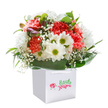 There's an unmistakable cheerfulness to this lush bouquet, elegantly poised in a modern white gift bag, as if crafted just for a sunny celebration in Hanwell. Soft coral and red carnations, their petals fluted and generously layered, beckon with warmth at the heart of the arrangement. Bright white daisies with lime-hued centers nestle among the carnations, radiating playful charm and conjuring happy scenes along Hanwell's lively Greenford Avenue or tranquil canal paths. Sprigs of baby's breath appear scattered like miniature clouds, lending an airy, innocent counterpoint to the richer hues. Each bloom is cradled by glistening, deep green leaves, forming a natural, protective wreath that enhances both colour and fullness. On the left, a cluster of closed purplish buds deepens the visual intrigue, promising newness yet to unfold. The balanced, dome-like shape of the bouquet reflects both a florist's expert eye and the welcoming spirit found in Hanwell's vibrant community. The white bag's sturdy ribbon handles prepare the bouquet for seamless handover or doorstep surprise-be it to celebrate a birthday near Grand Union Village or offer heartfelt thanks to a friendly neighbour. Captured against a flawless white background, every detail-from soft textures to the interplay of vivid and subtle tones-highlights a gift designed to uplift, inspire, and bring joy to Hanwell residents, one beautiful flower at a time.