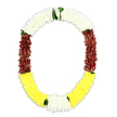 An elegant, U-shaped floral garland is centered against a stark white background, so its colours and textures become the whole story, much like when a Hanwell florist lays a finished tribute on a plain table for final inspection. The top sweep of the garland is made of tightly bound white flowers, their tiny, rounded petals forming a smooth, pillowy band that suggests peace, cleansing, and spiritual clarity. From this soft crown, the garland's sides descend into deep maroon sections on the left and right, each built from closely packed petals that create a velvety surface, rich and contemplative, echoing the solemnity of farewell rituals and temple ceremonies. At the bottom, the garland curves into generous clusters of bright yellow flowers, their sunny hue subtly lifting the design with a sense of blessing and gentle reassurance, so that the overall mood is comforting rather than purely somber. Slender touches of green foliage thread through the junctions where colours change, especially between the white and maroon and along the edges of the yellow, adding hints of life and freshness, as if just prepared for same-day delivery to a family home near Hanwell Broadway. The craftsmanship is meticulous, each section dense, even, and carefully balanced, which gives the garland an opulent, almost sculpted presence. Though the background is simple, the garland itself tells a layered story of purity, devotion, and memory, making it an ideal adornment for funerals, remembrance gatherings, or religious offerings, where families in Hanwell seek a respectful, traditional expression of love and honor.