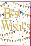 This Best Wishes card radiates cheerful optimism, like the buzz of conversation after happy news shared in a cosy Hanwell café. In the centre, the greeting is written in broad, flowing gold script, slightly raised from the surface, so the letters catch the light and sparkle gently with a refined glitter finish. The script feels elegant but approachable, turning a simple phrase into a heartfelt, personal message. Framing the words are gently curving strings of bunting, stretching across the top and bottom of the card like festive flags hung along a Hanwell side street for a neighbourhood party. Each triangular pennant is painted in clear, bright colours-bold blues, lively reds, warm yellows, fresh greens-and many have tiny patterns such as dots, chevrons, or fine stripes that give the sense of careful hand-decoration. Scattered in and around these arcs of bunting, small starbursts and coloured dots in similar tones float across the white background, suggesting confetti fluttering down in slow motion. The clean white backdrop adds a light, airy feel, ensuring the gold lettering and rainbow bunting remain the focus without any visual clutter. The mood is unmistakably celebratory yet still tasteful, suitable for sending congratulations on achievements big and small, from promotions and retirements to new beginnings or good luck wishes. It is exactly the kind of card you might find accompanying a bright, uplifting bouquet delivered across Hanwell, offering a message that is both joyful and sincerely supportive for someone you are proud of.