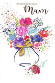 This Mother's Day card artwork presents a joyful watercolour bouquet that appears to bloom directly out of the paper, full of life and affectionate intent. At the heart of the design, lush cerise and vivid magenta flowers take centre stage, their plum-toned and indigo outlines giving each bloom a sense of dimension and softness, as though the petals are unfolding in real time. Between them, smaller blossoms in shades of cool blue, gentle lilac, and pale peach mingle together, creating a balanced interplay of warm and cool hues that evokes a mixed seasonal bouquet from a Hanwell florist's workbench. Fine strands and tiny arcs of gold glide around the petals and leaves, hinting at gilded highlights that catch the light like sun on glass shopfronts along Hanwell Broadway. The flowers gather into a simple vase at the bottom of the composition, its rounded body rendered in subtle washes of translucent blue-grey, finished with a neat golden bow tied just so, recalling the satisfying final tug of ribbon around a hand-tied bunch. Confetti-like speckles of paint and scattered heart shapes cluster near the bouquet and drift outward, giving the impression of petals tossed in celebration and notes of laughter shared over tea with Mum. The white background keeps the focus on the colour and movement, making the whole scene feel airy, modern and full of open space. It is the visual equivalent of sending fresh flowers across Hanwell on Mother's Day: vibrant, heartfelt, and quietly overflowing with appreciation.