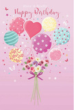 A whimsical birthday artwork opens like a storybook scene above Hanwell, set against a soft wash of pastel pink that feels as calming as an evening sky over the Brent Valley. In the centre, a cluster of pastel balloons floats upward, gathered tightly as though they are carrying a birthday wish into the air. Each balloon has a distinct personality: some are wrapped in curved, candy-coloured stripes; others are dotted with playful spots; a few are adorned with tiny floral motifs, and at the heart there is a charming balloon shaped like a softly rounded heart, radiating gentle affection. The colour palette is harmonious-blush pink, creamy yellow, sea green, teal, lavender-blending into a light, festive haze. At the base of the balloons sits a compact hand-tied bouquet, brimming with delicate roses and anemone-like blooms. Their petals are shaded from ivory to blush and mauve, with soft, feathery edges that suggest a fresh, just-arranged look, as if they had been prepared that morning in a Hanwell flower shop. A violet satin bow holds the stems together, its slight sheen catching the same invisible light that highlights the balloons and petals. Around the bouquet, tiny butterflies and star-like shapes drift upward, giving the impression of magical confetti rising on a gentle breeze along the Grand Union Canal. The mood is light, sweet, and celebratory-a perfect visual for a birthday card or balloon-and-flowers delivery in Hanwell, designed to make the recipient feel truly cherished on their special day.