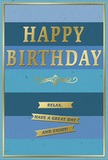 Sophisticated blue and gold birthday card, evoking a gentle, relaxed celebration as though it were propped on a mantelpiece in a cosy Hanwell home. The main surface is divided into wide, horizontal stripes that transition gradually from dark navy at the base through mid-toned blues to a lighter, almost sky-like shade at the top, creating a calming, gradient effect like watching evening settle over the Grand Union Canal. Centered on this backdrop, the words Happy Birthday appear in large, embossed golden capitals, their metallic finish reflecting light in soft glints, giving the card a subtle but unmistakable festive sparkle. Directly beneath the main greeting sits a delicate, looping gold flourish, adding a sense of classic elegance and separating the headline from the message below. Three slim golden banners are stacked beneath this flourish, each ribbon carefully spaced and bearing part of a friendly wish: Relax, have a great day and enjoy! The wording feels conversational and warm, inviting the recipient to slow down and savour their birthday. A very fine gold line runs around the outer edge of the card, acting as a frame that pulls the entire design together. The blues themselves are matte and velvety, which makes the raised gold details stand out both visually and to the touch. Imagined next to a vase of freshly delivered birthday blooms from a local Hanwell florist, this card would bring a quiet sense of joy and refinement, perfect for someone who values thoughtful, well-crafted gestures on their special day.