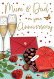 This anniversary card illustration evokes a heartfelt celebration for parents, as if the scene were set in a cherished Hanwell home after a favourite family meal. In the background, two tall champagne flutes stand close together, filled with sparkling, honey-gold champagne, the rising bubbles frozen in time to suggest a toast about to be shared. At the front, a heart-shaped chocolate box in deep red commands the eye, its lid tipped back to reveal a tidy selection of rounded and square chocolates, each piece distinct, their smooth surfaces promising sweet, shared bites. The box is wrapped with an ample scarlet ribbon tied into a luxurious bow, the loops and trailing ends resting softly on the tabletop. To the side, a pair of classic red roses are displayed horizontally, their velvety petals richly layered, framed by glossy green leaves that echo the freshness of flowers chosen by an attentive local florist on Boston Road. A bold red envelope, sealed and slightly overlapping the chocolates, hints at a lovingly written anniversary message for Mum & Dad, personal and private. Scattered throughout the creamy background, delicate hearts in gold and crimson float like tiny celebratory sparks, tying the elements together with a playful rhythm. The lighting feels warm and inviting, reminiscent of evening lamplight reflecting off glass and ribbon in a sitting room not far from the Grand Union Canal. Altogether, the roses, chocolates, champagne, and affectionate lettering form a tender visual tribute to enduring love, marking an anniversary as a time to honour shared memories and the family they've nurtured.